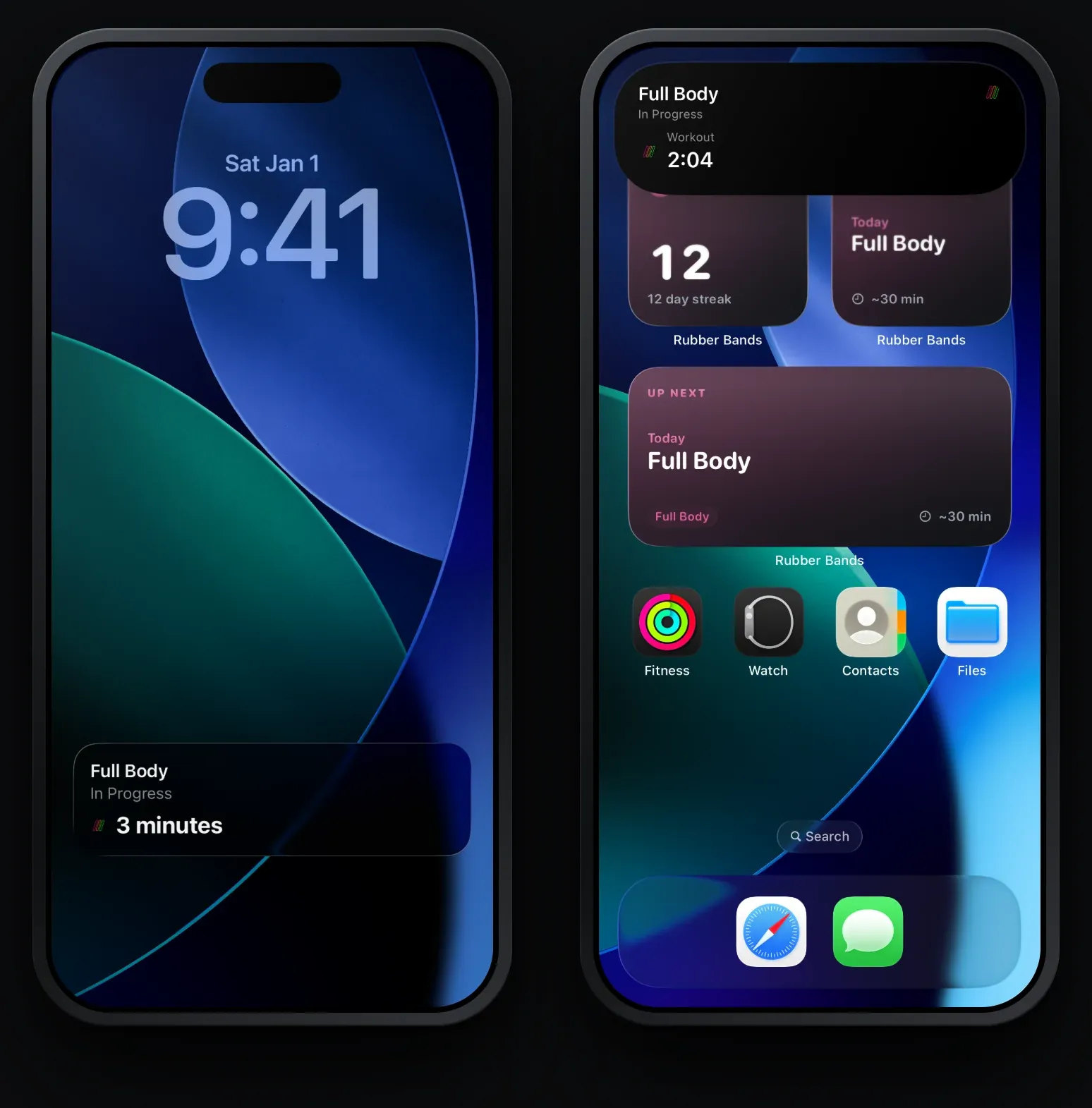 Two iPhones: the lock screen showing a Full Body workout in progress, and the expanded Dynamic Island showing the workout timer