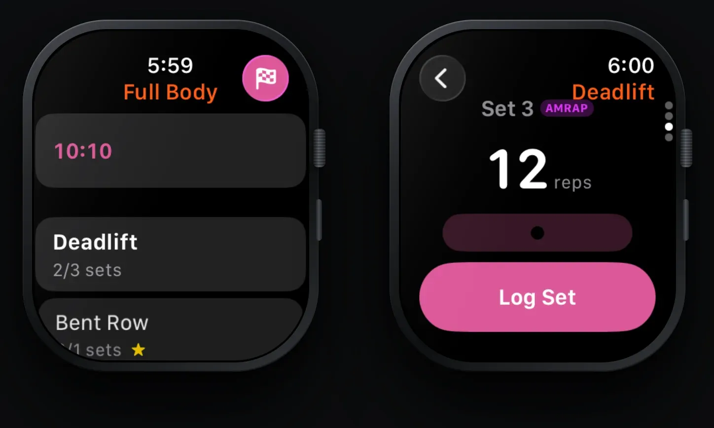 Two Apple Watches: the exercise list with a running workout timer, and the set screen showing 12 reps with a Log Set button