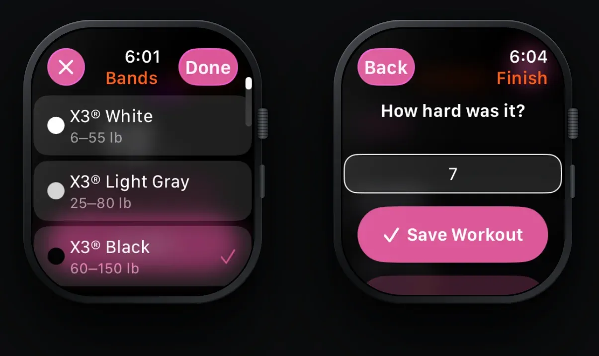 Two Apple Watches: the band picker listing white, light gray, and black bands with their resistance ranges, and the finish screen asking how hard it was with a Save Workout button