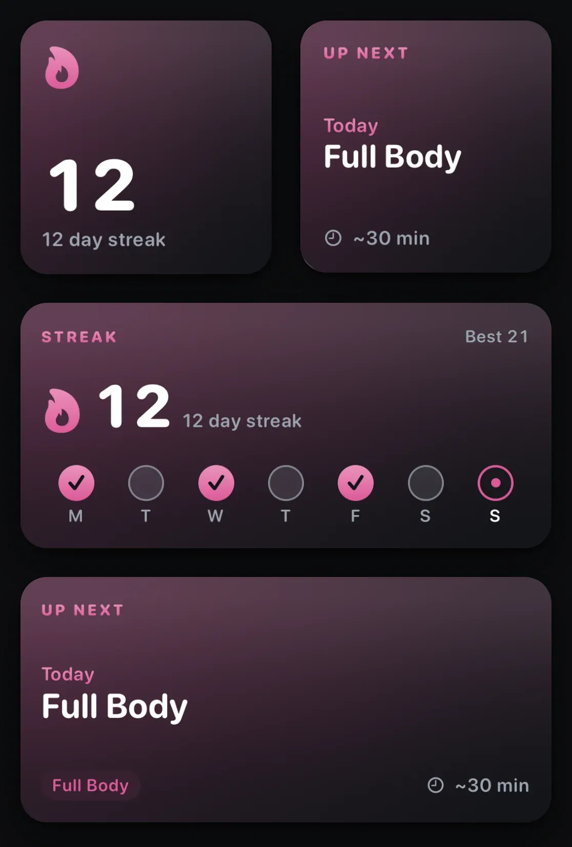 The four Rubber Bands widget sizes: small and medium Streak, small and medium Up Next