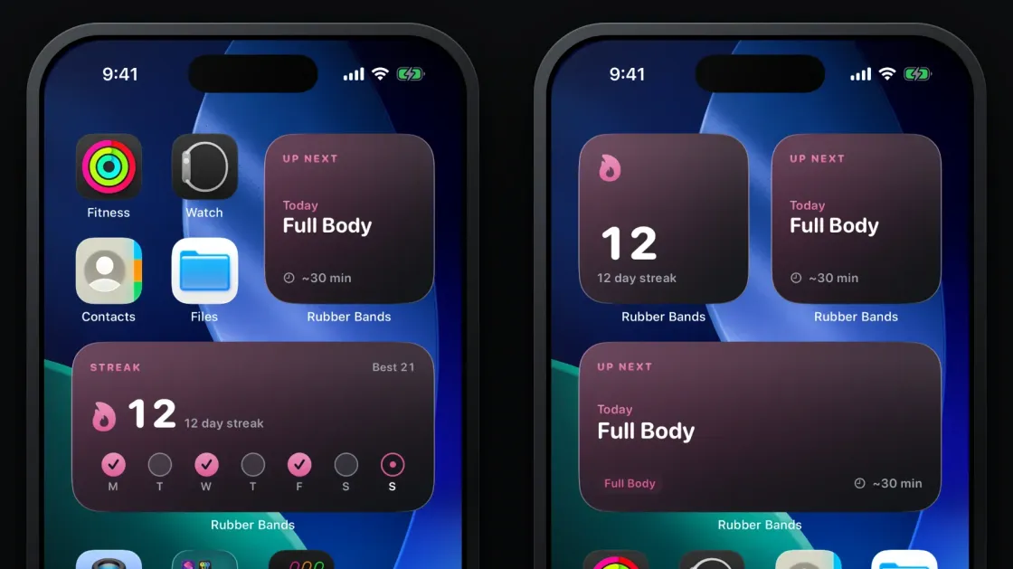 Two iPhones showing the Rubber Bands Up Next and Streak widgets on the home screen