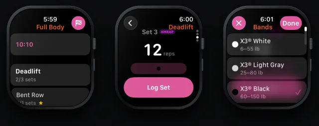 Three Apple Watches showing the Rubber Bands exercise list, set logging, and band picker