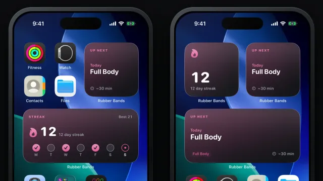 Two iPhones showing the Rubber Bands Up Next and Streak widgets on the home screen